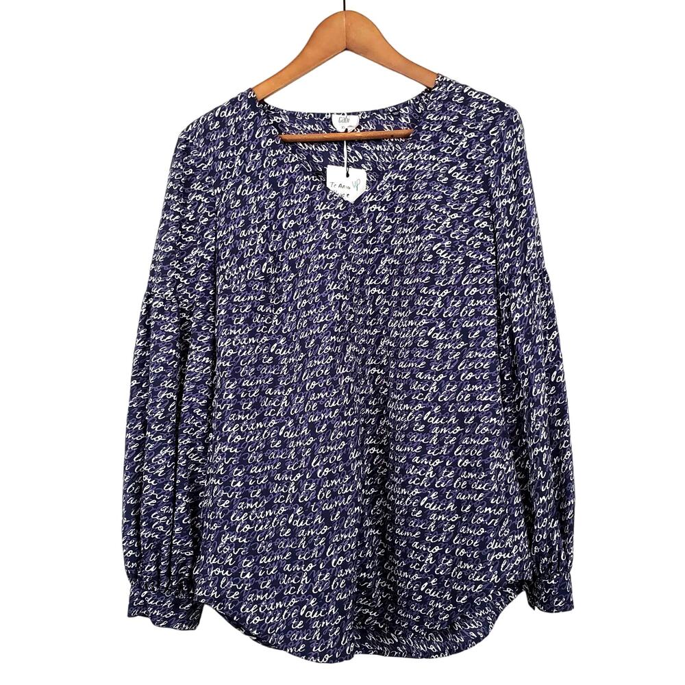 NEW! Cabi Te Amo Lone Print Long Sleeve Blouse Tunic Top Blue Cream - XS